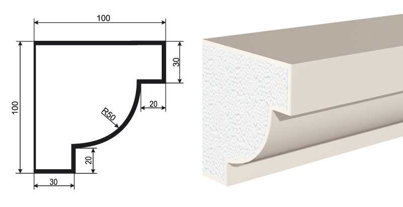 КАРНИЗ для Фасада и Интерьера - лепнина, декор из пенополистирола КВ-100/1 100*100*2000 мм