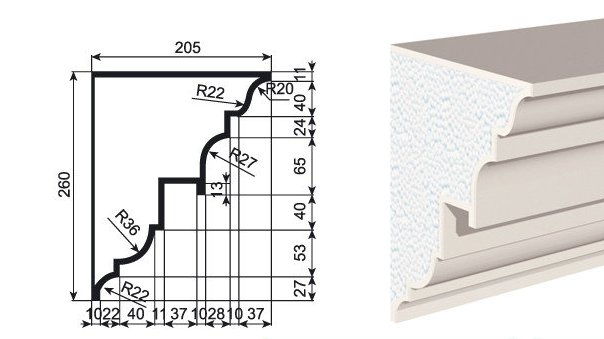 КАРНИЗ для Фасада и Интерьера - лепнина, декор из пенополистирола КВ-260/1 260*205*2000 мм