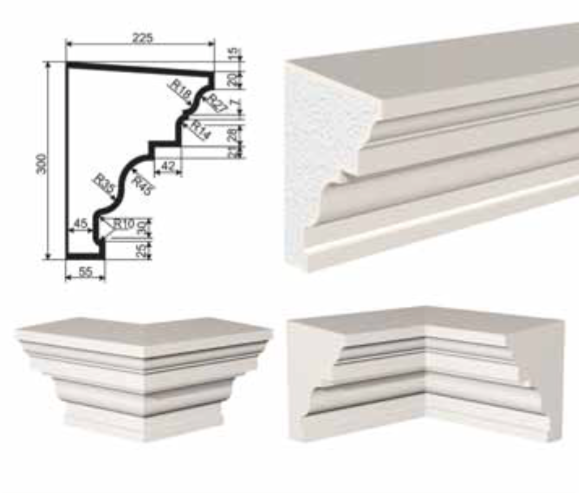 КАРНИЗ для Фасада и Интерьера - лепнина, декор из пенополистирола КВ-300/5 300*225*2000 мм