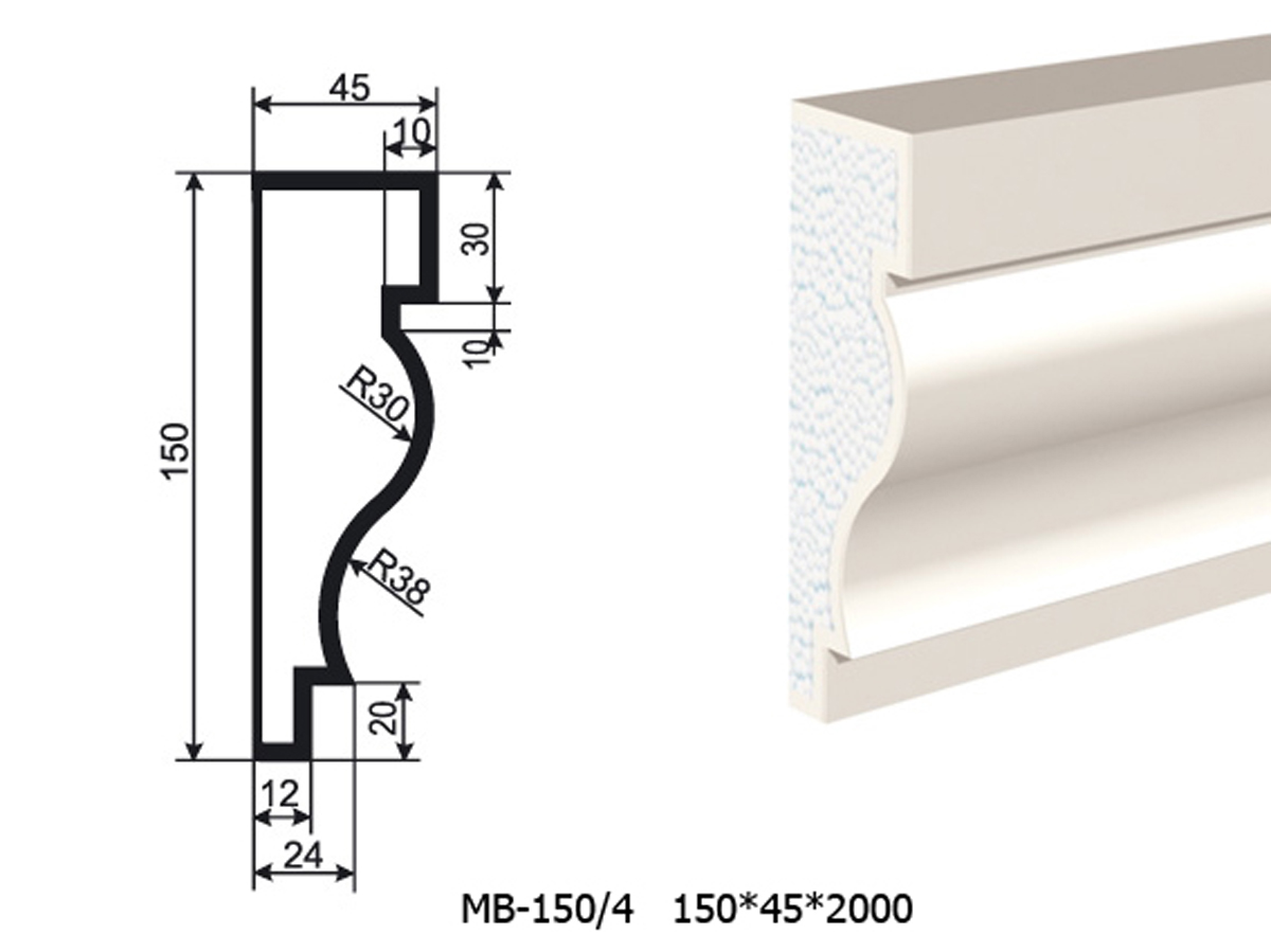 Молдинг для фасада - лепнина, декор из пенополистирола МВ-150/4 150*45*2000 мм