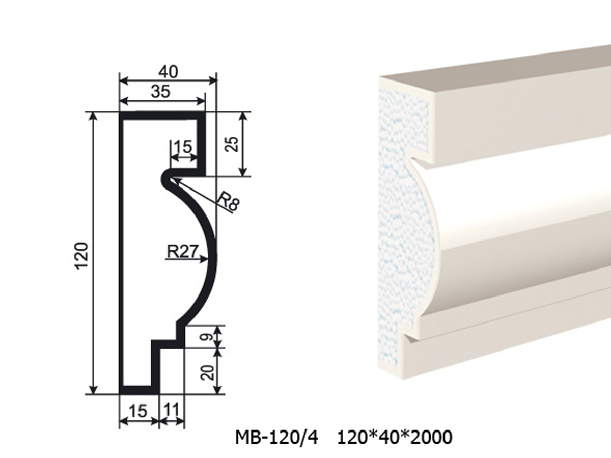 Молдинг для фасада - лепнина, декор из пенополистирола МВ-120/4 (МС-115) 120*40*2000 мм