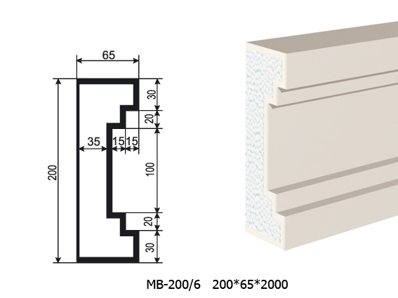 Молдинг для фасада - лепнина, декор из пенополистирола МВ-200/6 200*65*2000 мм