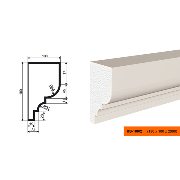 КАРНИЗ для Фасада и Интерьера - лепнина, декор из пенополистирола КВ-180/2 (КС-104) 180*100*2000 мм