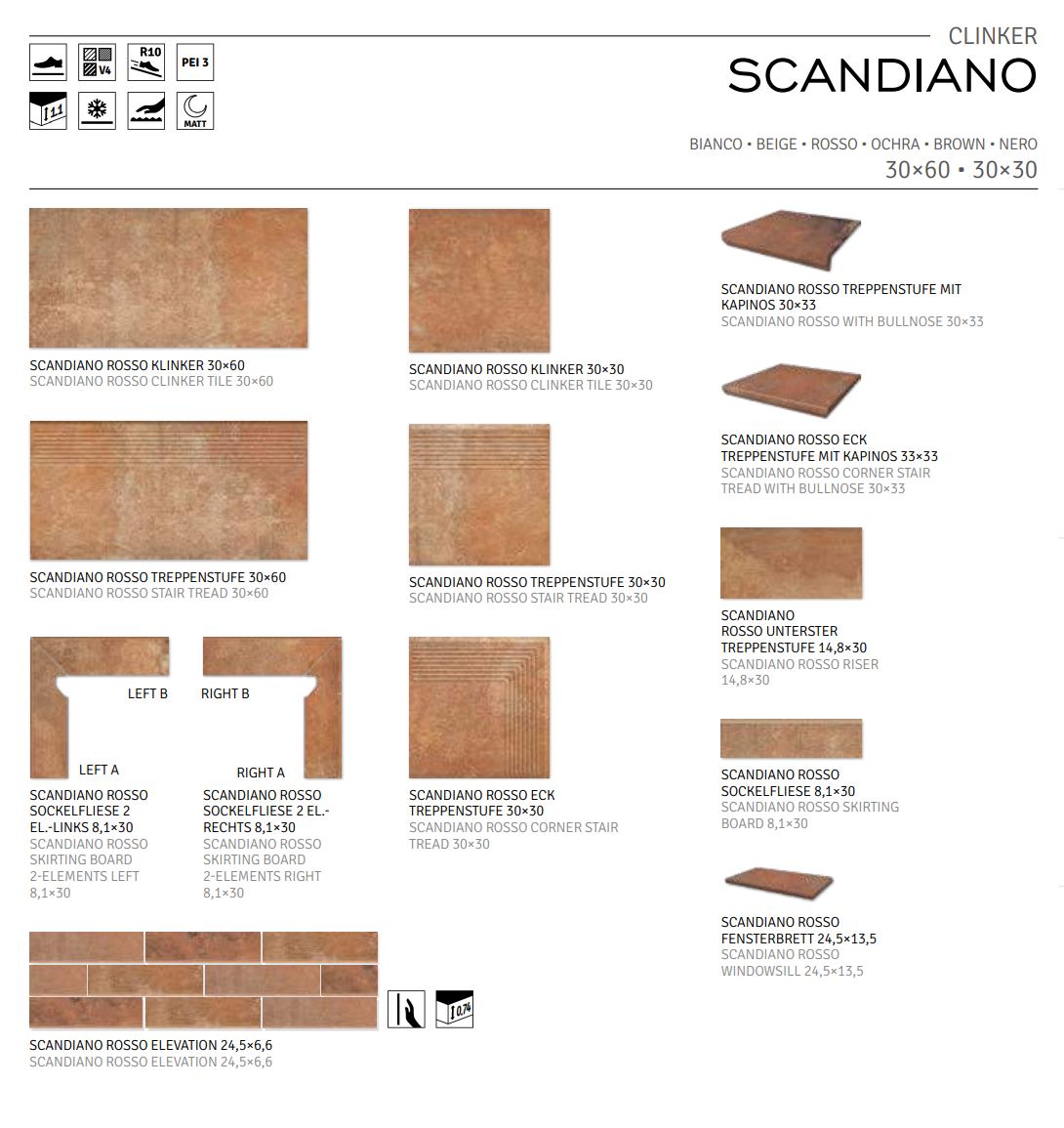 Клинкерная ступень флорентинер Scandiano Rosso противоскользящая с капиносом, красный 330x300x11 мм