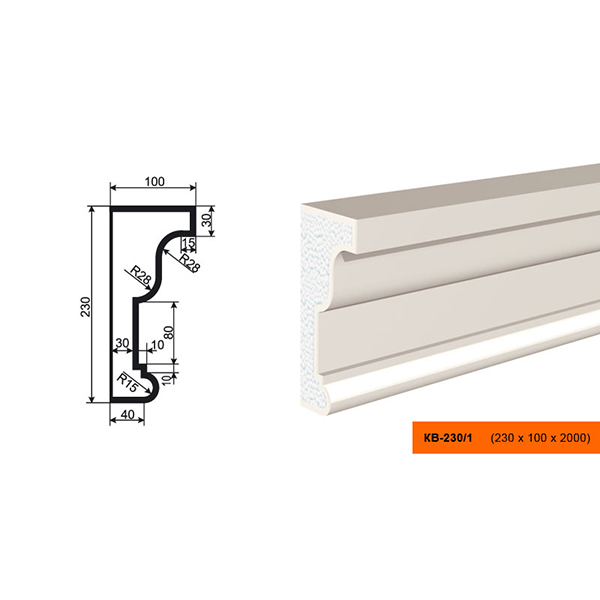 КАРНИЗ для Фасада и Интерьера - лепнина, декор из пенополистирола КВ-230/1 230*100*2000 мм