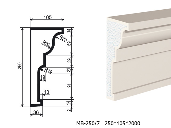 Молдинг для фасада - лепнина, декор из пенополистирола МВ-250/7 (МС-142) 250*105*2000 мм