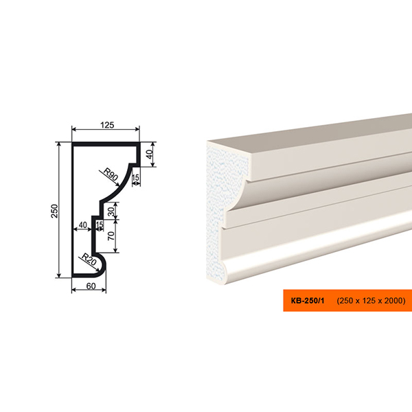 КАРНИЗ для Фасада и Интерьера - лепнина, декор из пенополистирола КВ-250/1 250*125*2000 мм