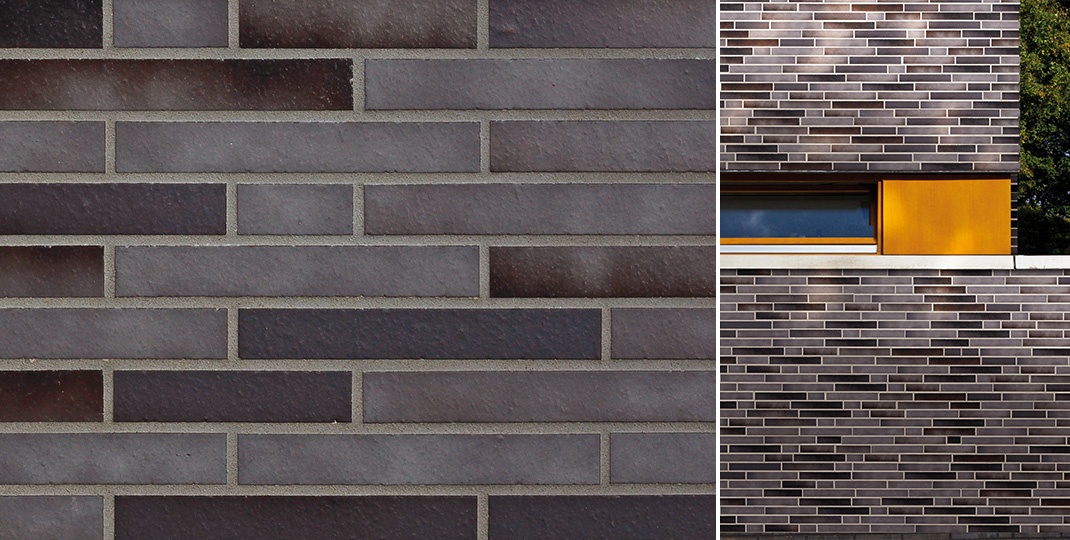 Клинкерная фасадная плитка под кирпич ригельная Langformat ABC Atlantis KohleBrand Schieferstruktur, 490*52*10 мм