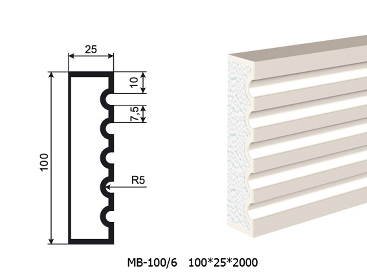 Молдинг для фасада - лепнина, декор из пенополистирола МВ-100/6 100*25*2000 мм
