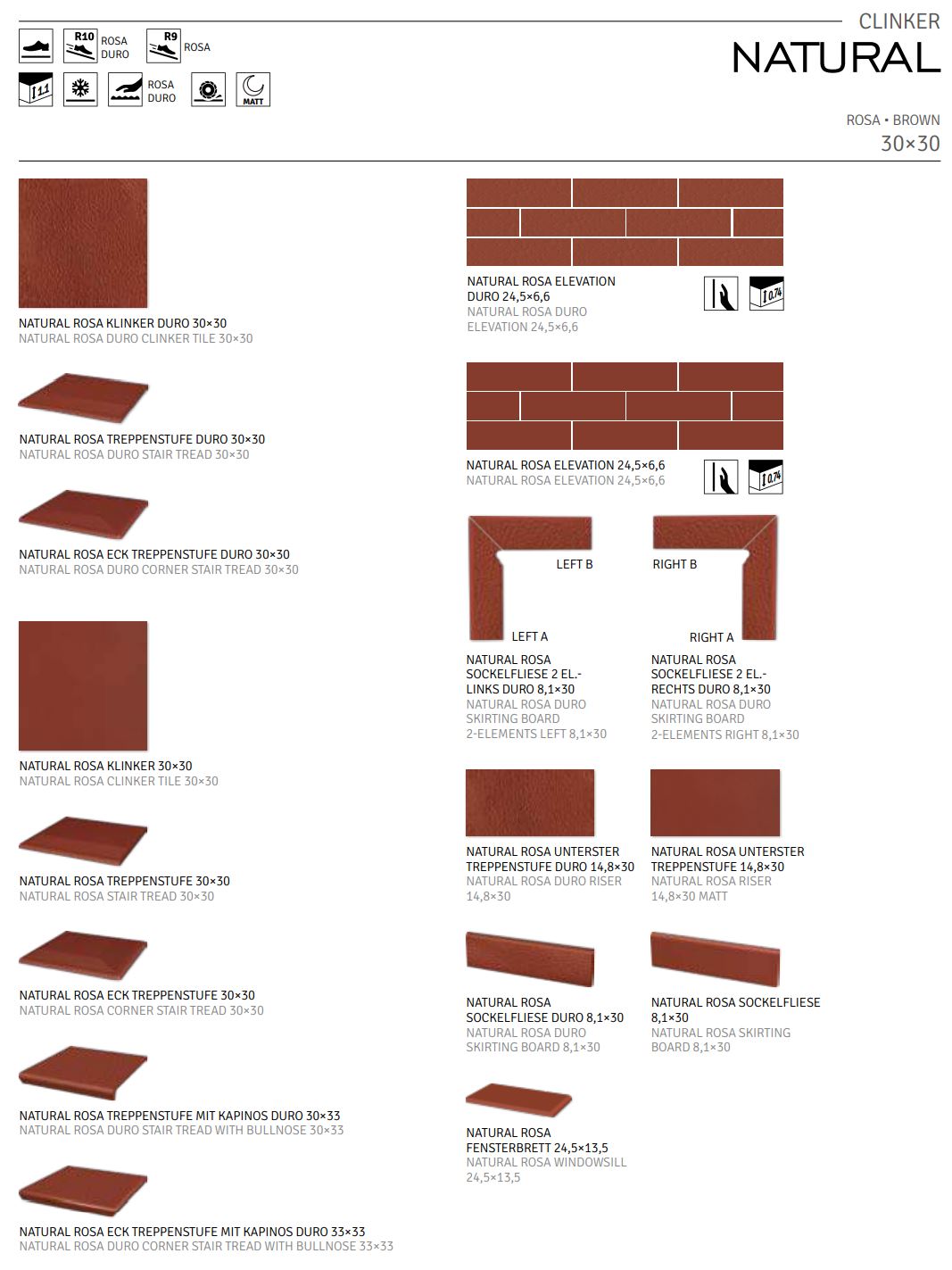 Клинкерная ступень флорентинер Natural Rosa противоскользящая с капиносом, терракотовый 330x300x11 мм