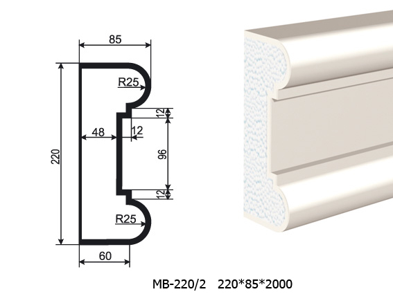 Молдинг для фасада - лепнина, декор из пенополистирола МВ-220/2 220*85*2000 мм