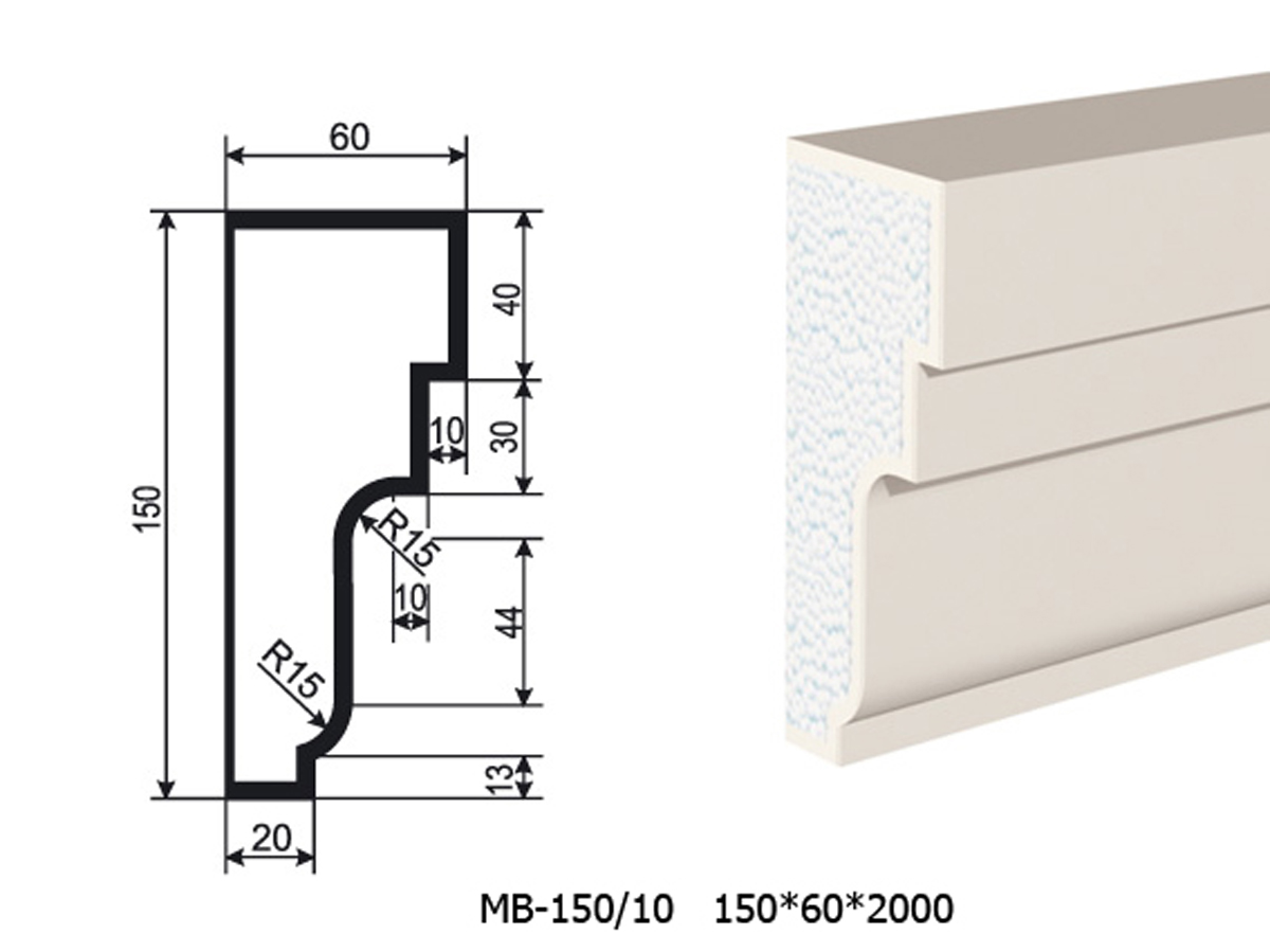 Молдинг для фасада - лепнина, декор из пенополистирола МВ-150/10 (МС-165) 150*60*2000 мм