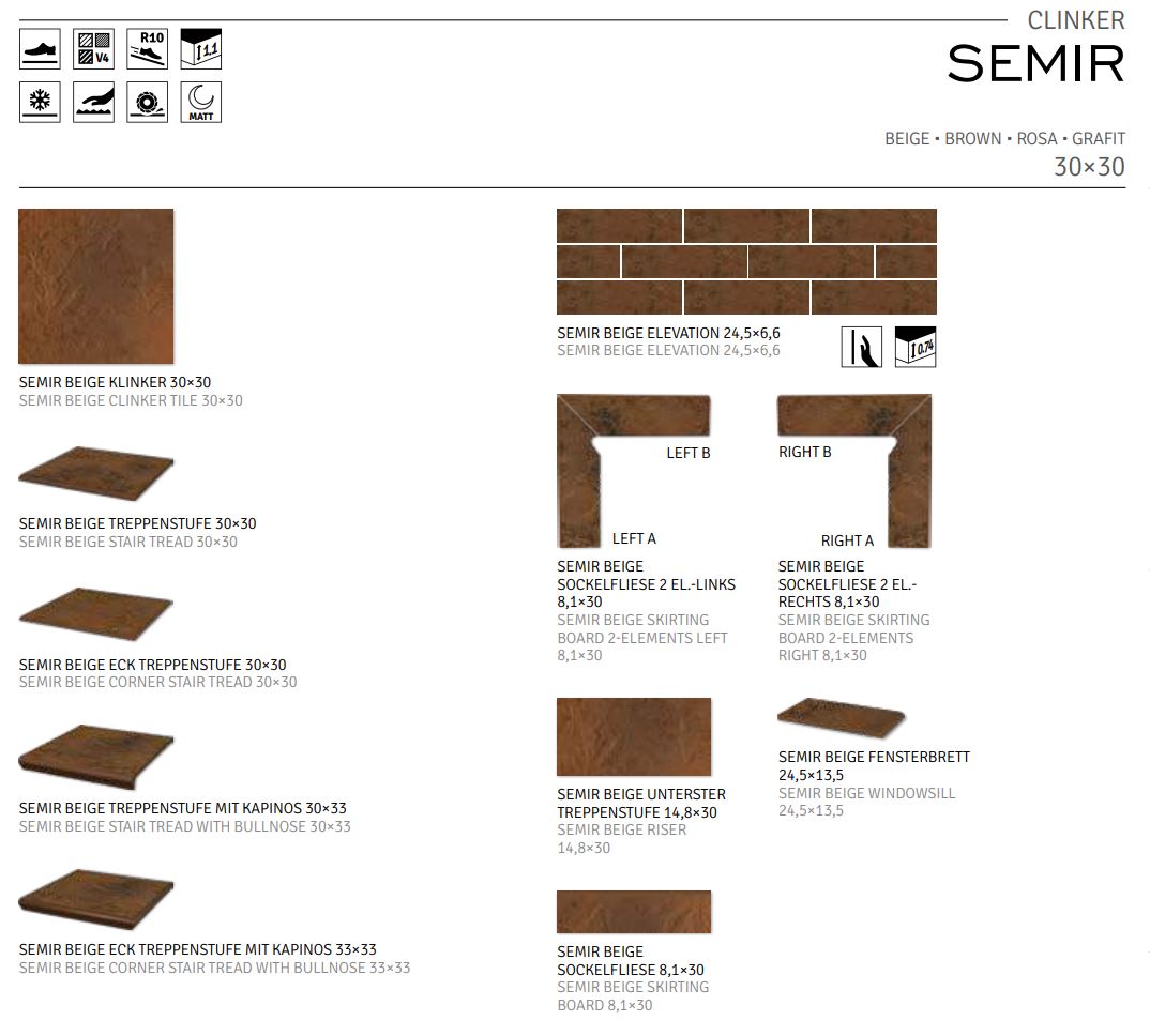 Semir Beige клинкерная ступень с насечками противоскользяща 300x300x11 мм