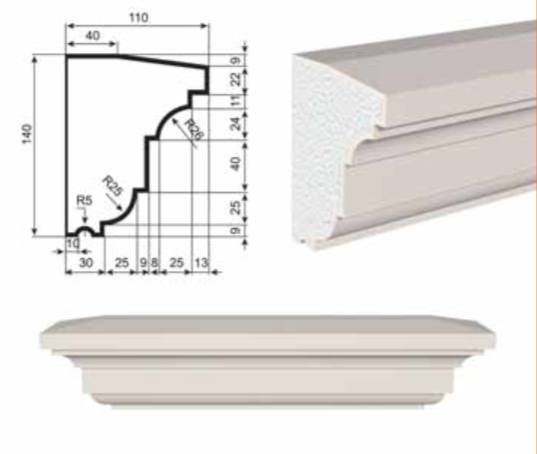 ПОДОКОННИК для Фасада и Интерьера - лепнина, декор из пенополистирола ПВ-140/2 140*110*2000 мм