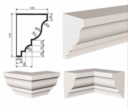 КАРНИЗ для Фасада и Интерьера - лепнина, декор из пенополистирола КВ-170/3 (КС-102) 170*125*2000 мм