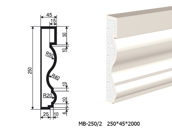 Молдинг для фасада - лепнина, декор из пенополистирола МВ-250/2 250*45*2000 мм