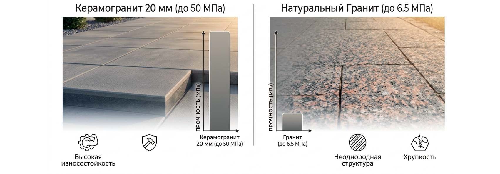 🔸 Тротуарная плитка 20 мм из керамогранита: почему она прочнее натурального гранита в 8 раз