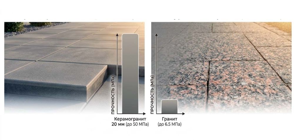 🔸 Тротуарная плитка 20 мм из керамогранита: почему она прочнее натурального гранита в 8 раз