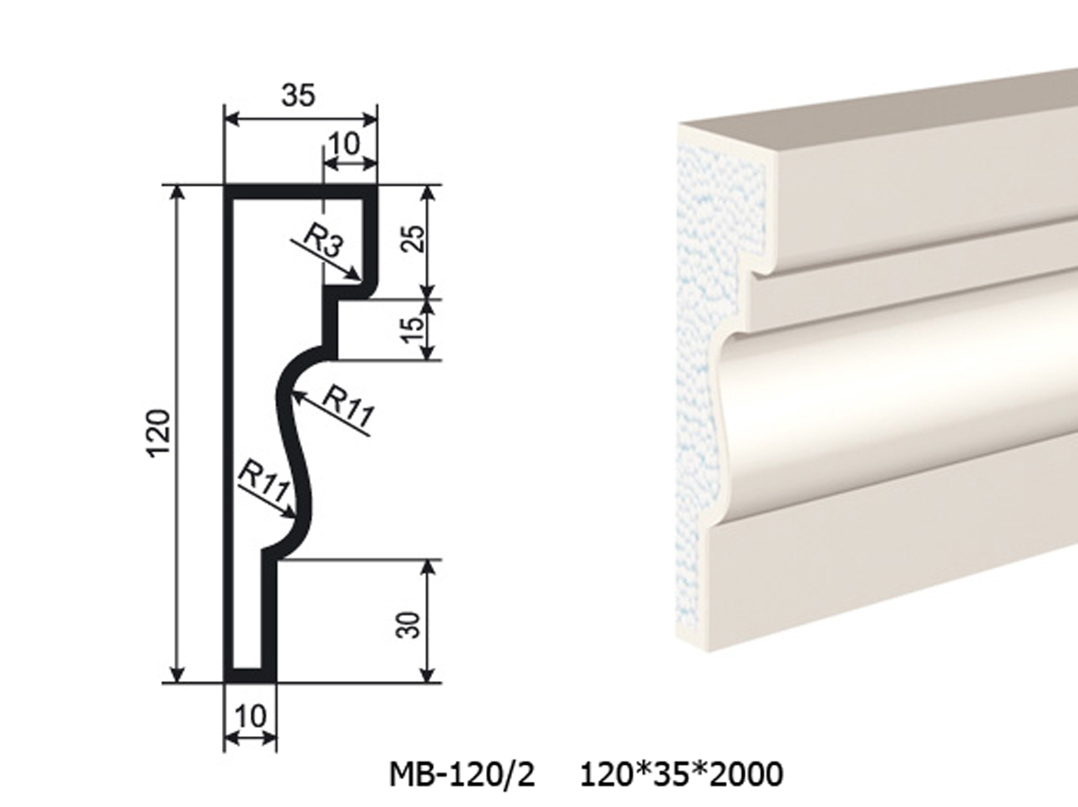 Молдинг для фасада - лепнина, декор из пенополистирола МВ-120/2 120*35*2000 мм