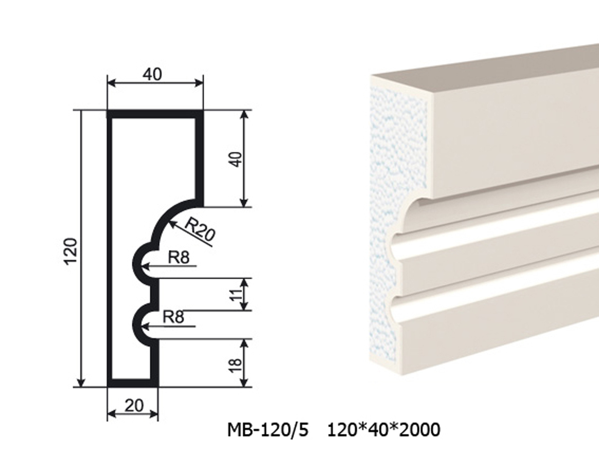 Молдинг для фасада - лепнина, декор из пенополистирола МВ-120/5 (МС-116) 120*40*2000 мм