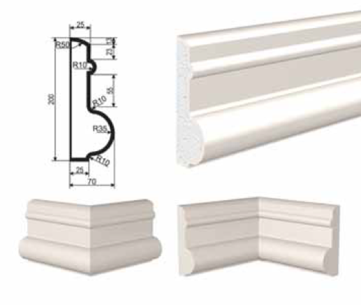 МОЛДИНГ цокольный для Фасада и Интерьера - лепнина, декор из пенополистирола ЦВ-200/3 200*70*2000 мм