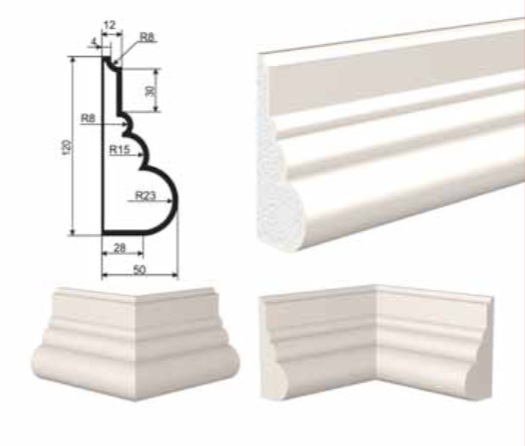 МОЛДИНГ цокольный для Фасада и Интерьера - лепнина, декор из пенополистирола ЦВ-120/1 120*50*2000 мм