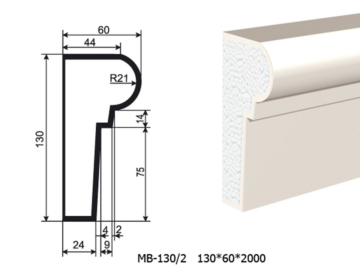 Молдинг для фасада - лепнина, декор из пенополистирола МВ-130/2 (МС-117) 130*60*2000 мм