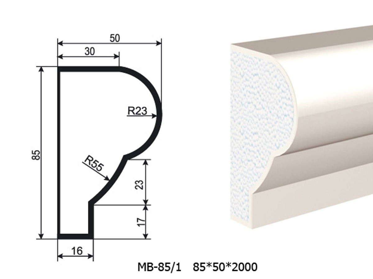 Молдинг для фасада - лепнина, декор из пенополистирола МВ-85/1 (МС-104) 85*50*2000 мм