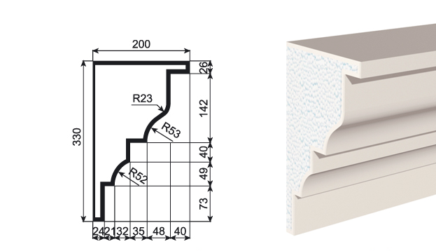 КАРНИЗ для Фасада и Интерьера - лепнина, декор из пенополистирола КВ-330/1 330*200*2000 мм