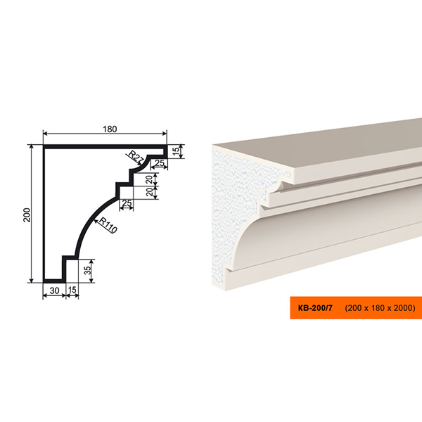 КАРНИЗ для Фасада и Интерьера - лепнина, декор из пенополистирола КВ-200/7 (КС-123) 200*180*2000 мм
