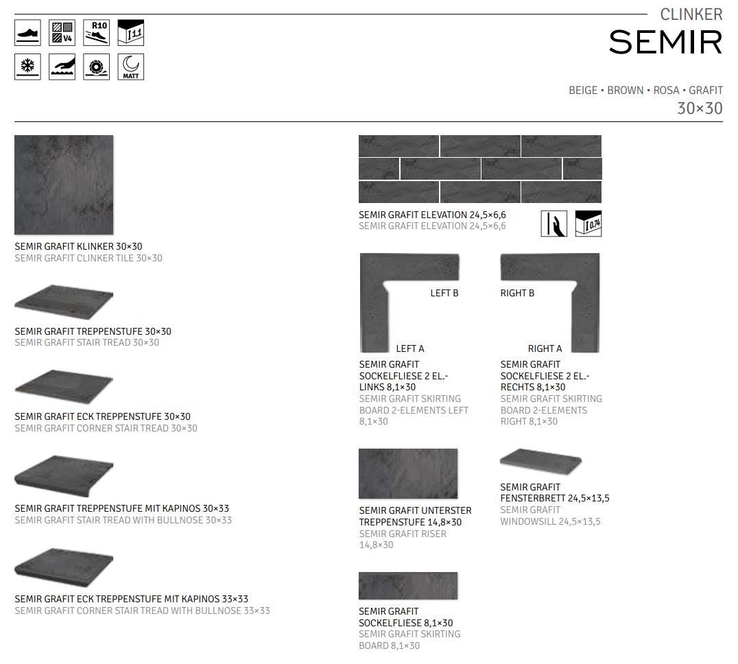 Semir Grafit ступень флорентинер противоскользящая с капиносом, серый графит 330x300x11 мм