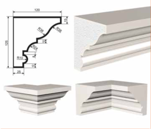 КАРНИЗ для Фасада и Интерьера - лепнина, декор из пенополистирола КВ-125/1 125*120*2000 мм