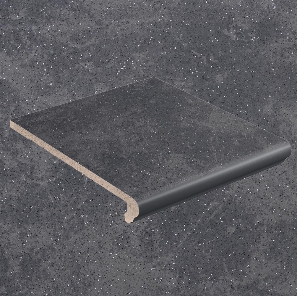 Клинкерная ступень флорентинер противоскользящая плитка Stroeher KERAPLATTE ROCCIA 845 nero 340*240*12 мм