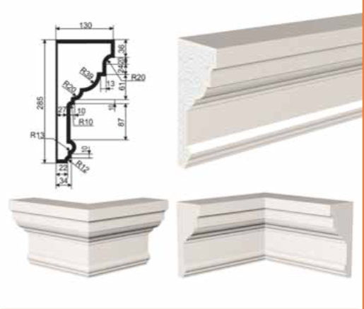 КАРНИЗ для Фасада и Интерьера - лепнина, декор из пенополистирола КВ-285/2 (КС-108) 285*130*2000 мм