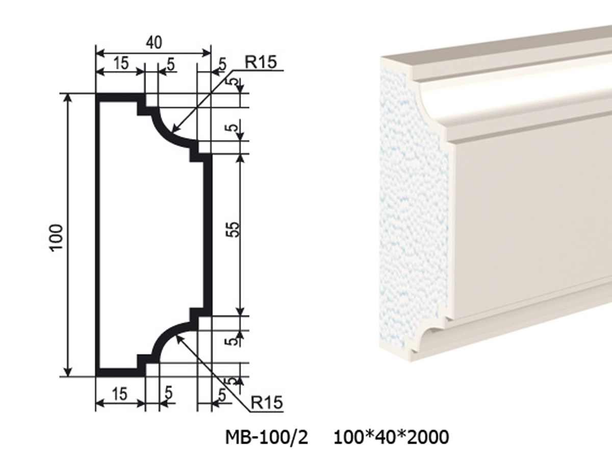 Молдинг для фасада - лепнина, декор из пенополистирола МВ-100/2 100*40*2000 мм