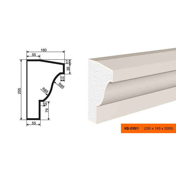 КАРНИЗ для Фасада и Интерьера - лепнина, декор из пенополистирола КВ-255/1 255*160*2000 мм