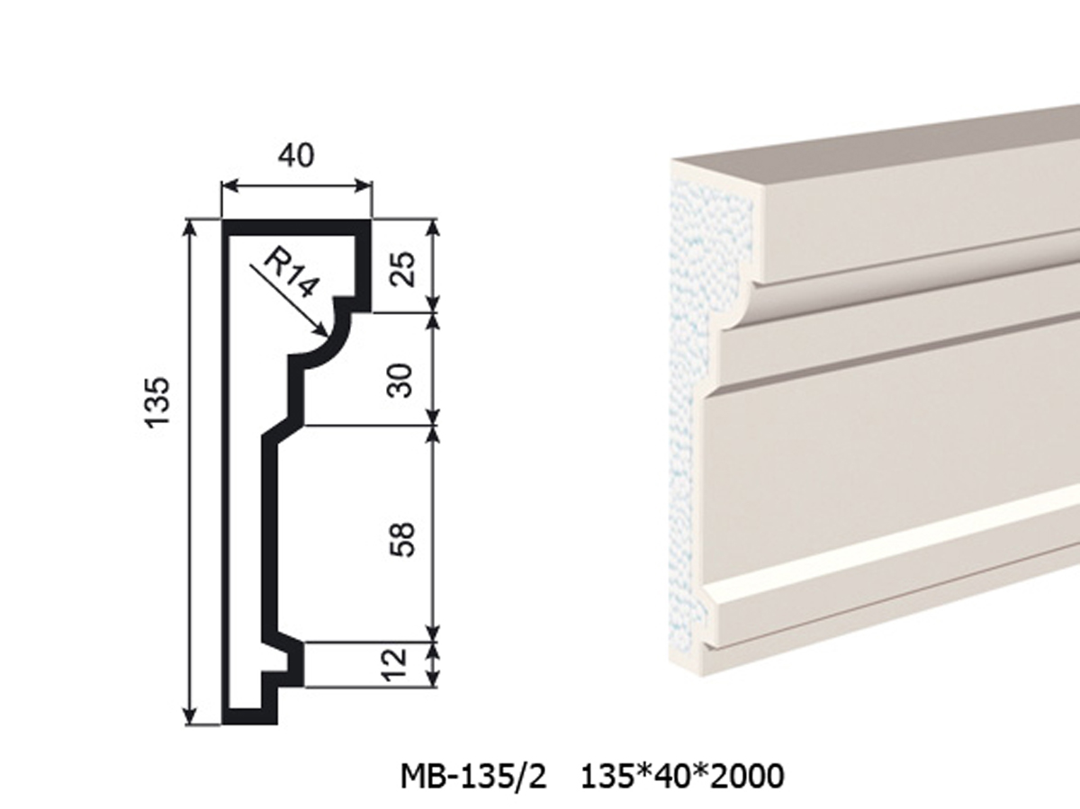 Молдинг для фасада - лепнина, декор из пенополистирола МВ-135/2 135*40*2000 мм