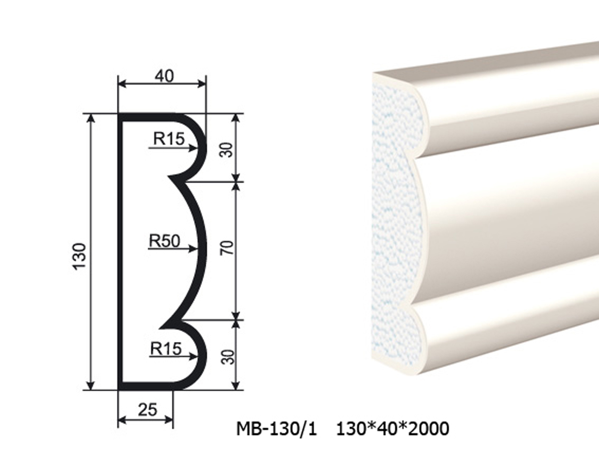 Молдинг для фасада - лепнина, декор из пенополистирола МВ-130/1 130*40*2000 мм