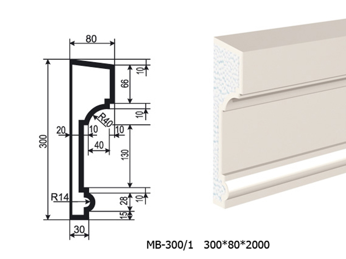 Молдинг для фасада - лепнина, декор из пенополистирола МВ-300/1 300*80*2000 мм