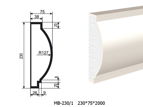 Молдинг для фасада - лепнина, декор из пенополистирола МВ-230/1 230*75*2000 мм