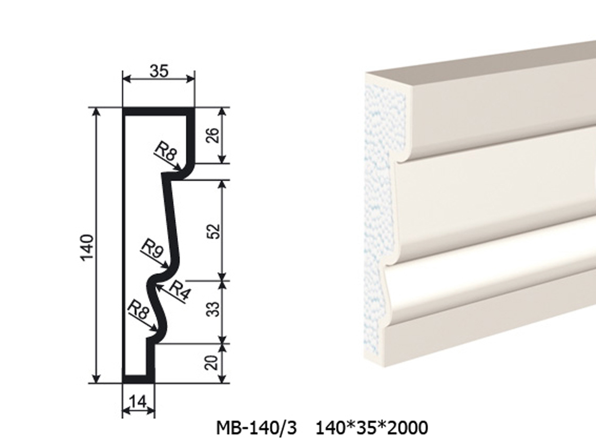 Молдинг для фасада - лепнина, декор из пенополистирола МВ-140/3 (МС-119) 140*35*2000 мм