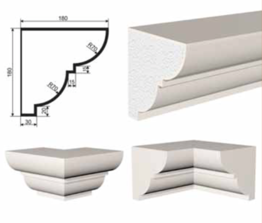 КАРНИЗ для Фасада и Интерьера - лепнина, декор из пенополистирола КВ-180/6 180*180*2000 мм