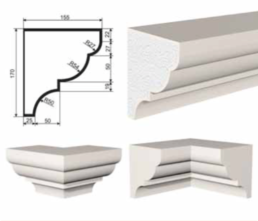 КАРНИЗ для Фасада и Интерьера - лепнина, декор из пенополистирола КВ-170/4 (КС-103) 170*155*2000 мм