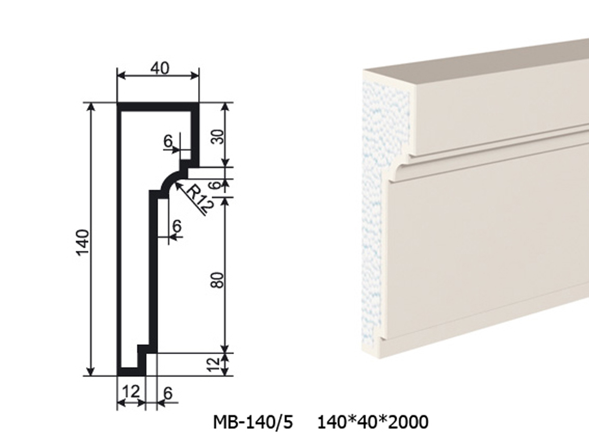 Молдинг для фасада - лепнина, декор из пенополистирола МВ-140/5 140*40*2000 мм