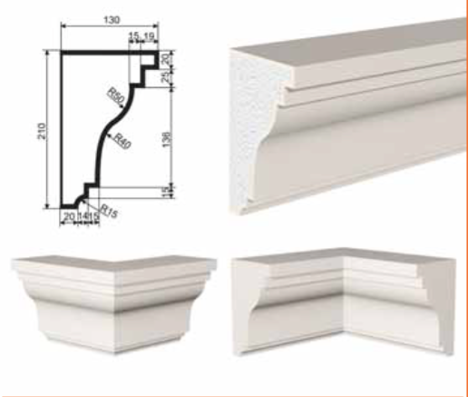 КАРНИЗ для Фасада и Интерьера - лепнина, декор из пенополистирола КВ-210/2 (КС-106) 210*130*2000 мм