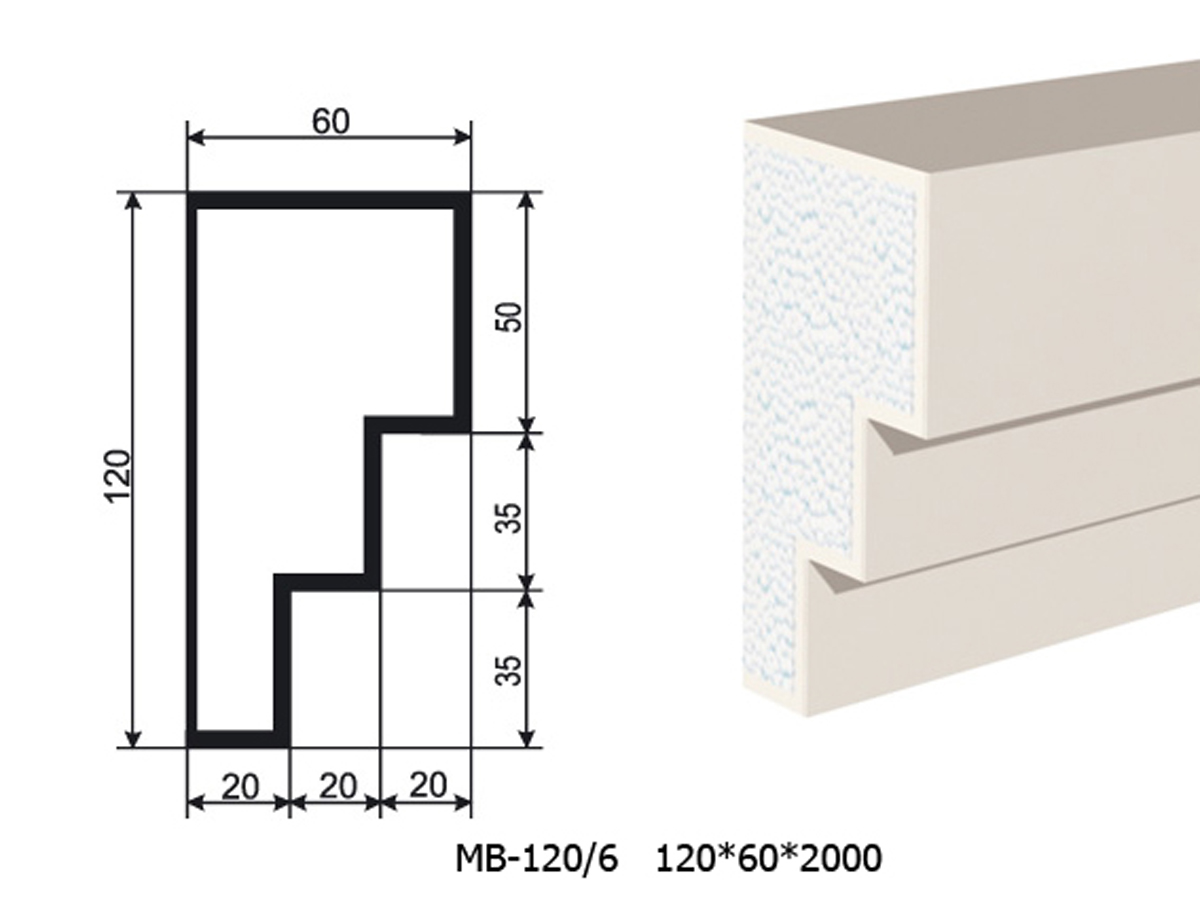 Молдинг для фасада - лепнина, декор из пенополистирола МВ-120/6 120*60*2000 мм