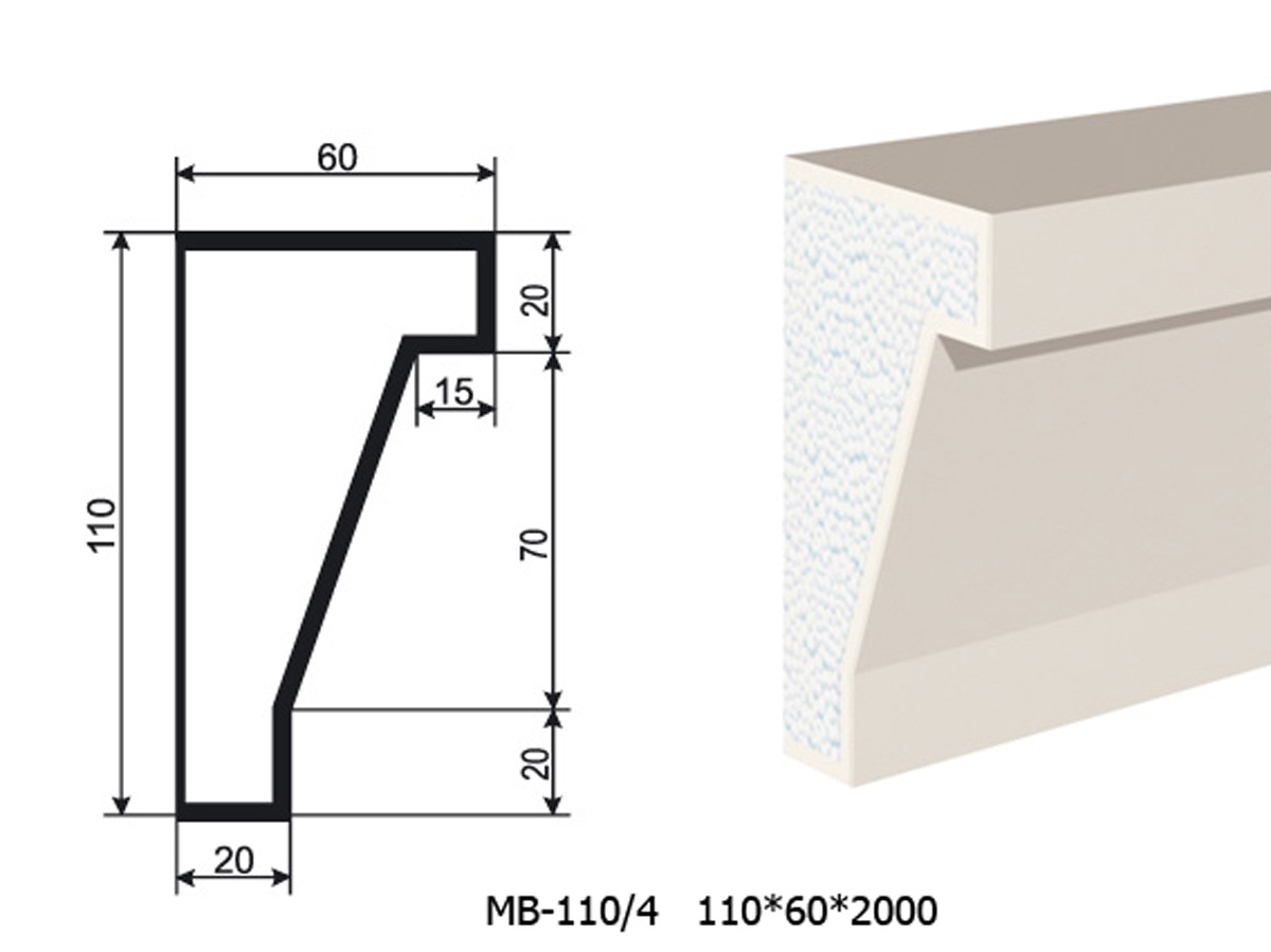 Молдинг для фасада - лепнина, декор из пенополистирола МВ-110/4 110*60*2000 мм
