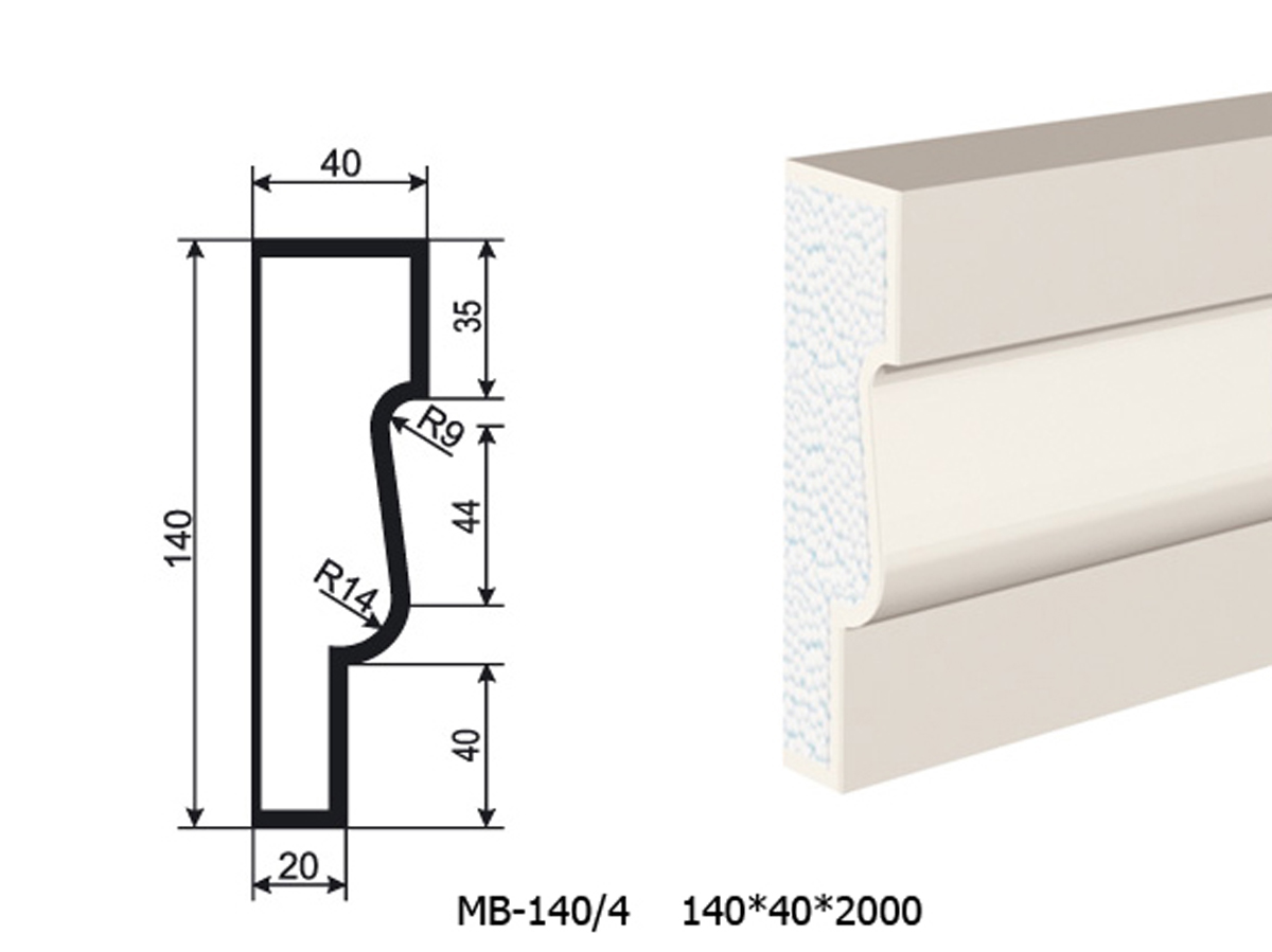 Молдинг для фасада - лепнина, декор из пенополистирола МВ-140/4 (МС-120) 140*40*2000 мм