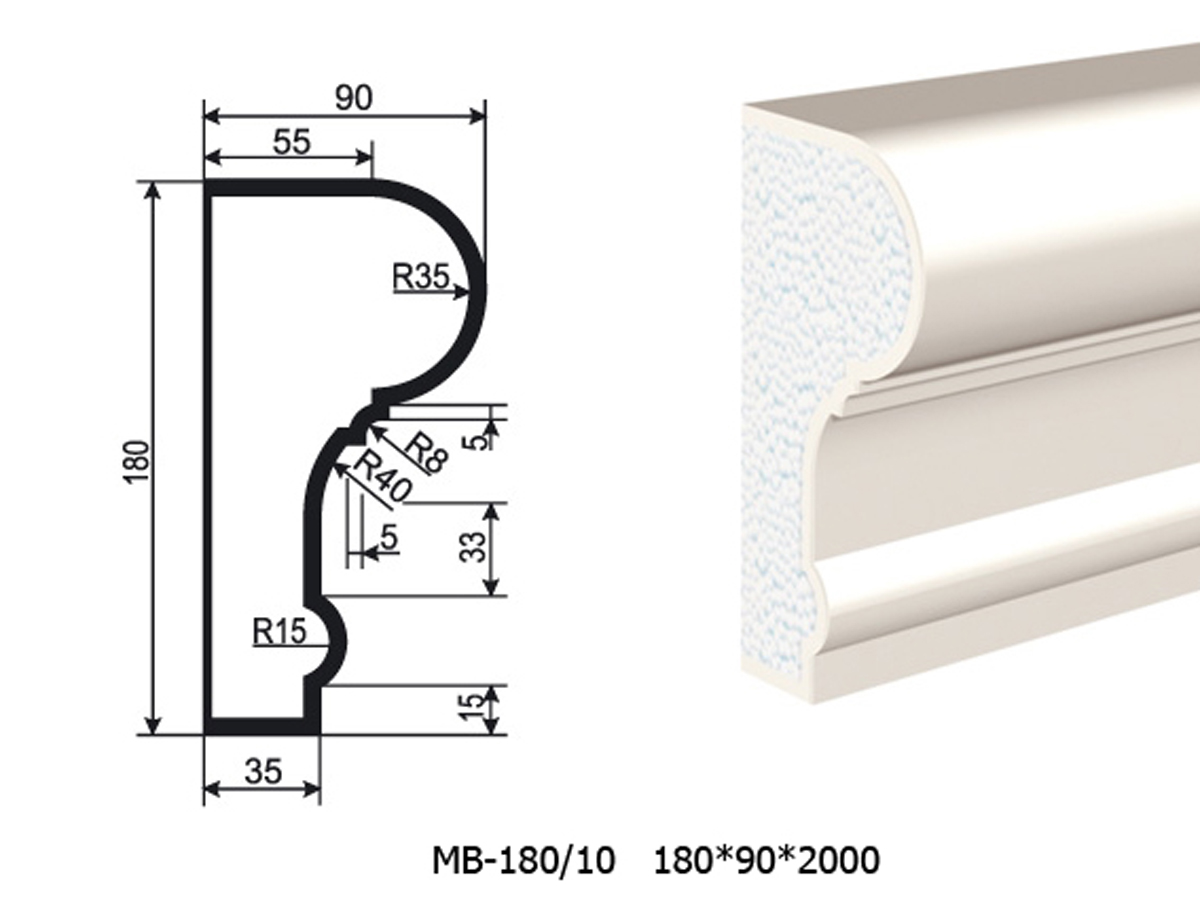 Молдинг для фасада - лепнина, декор из пенополистирола МВ-180/10 180*90*2000 мм
