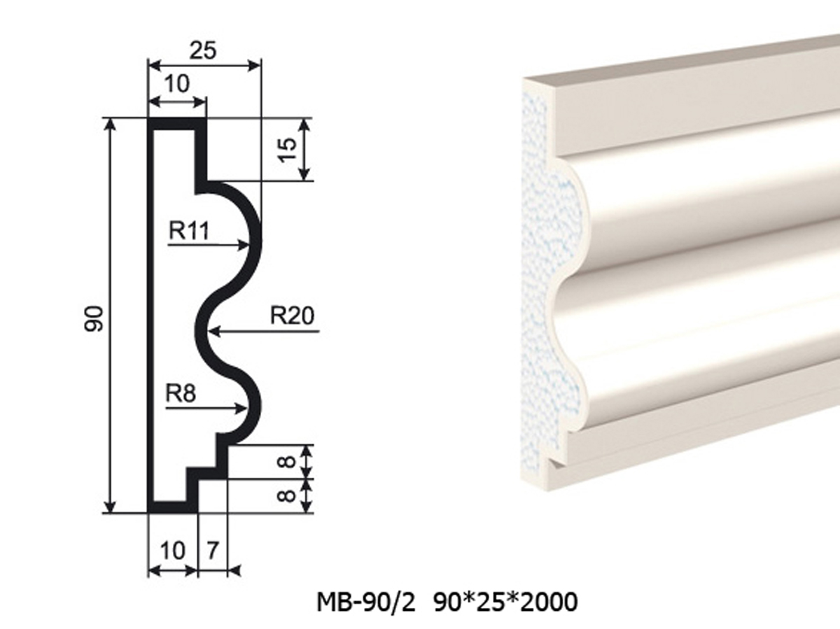 Молдинг для фасада - лепнина, декор из пенополистирола МВ-90/2 (МС-106) 90*25*2000 мм